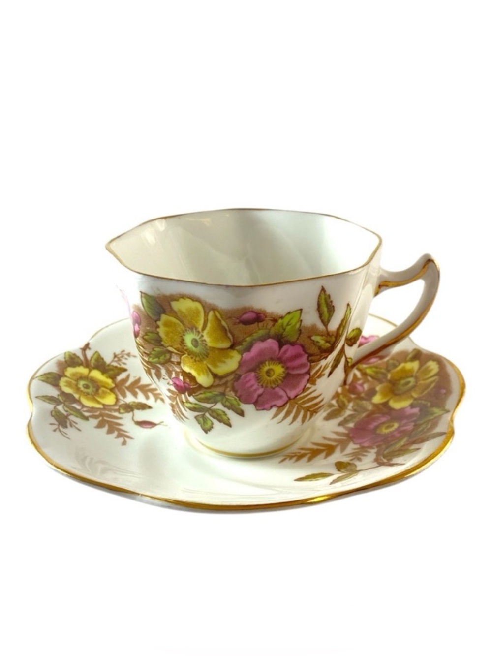 Vintage Rosina Bone China Teacup & Saucer Yellow‎ Pink Roses Gold Trim England